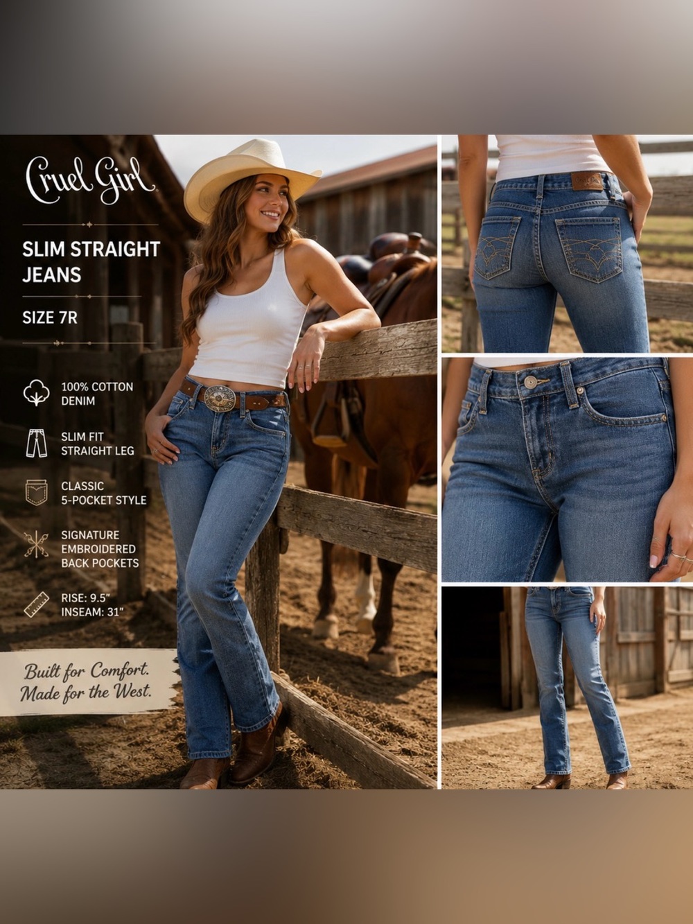 Cruel Girl Slim Straight Leg Jeans Medium Wash 7R Western Cowgirl Denim